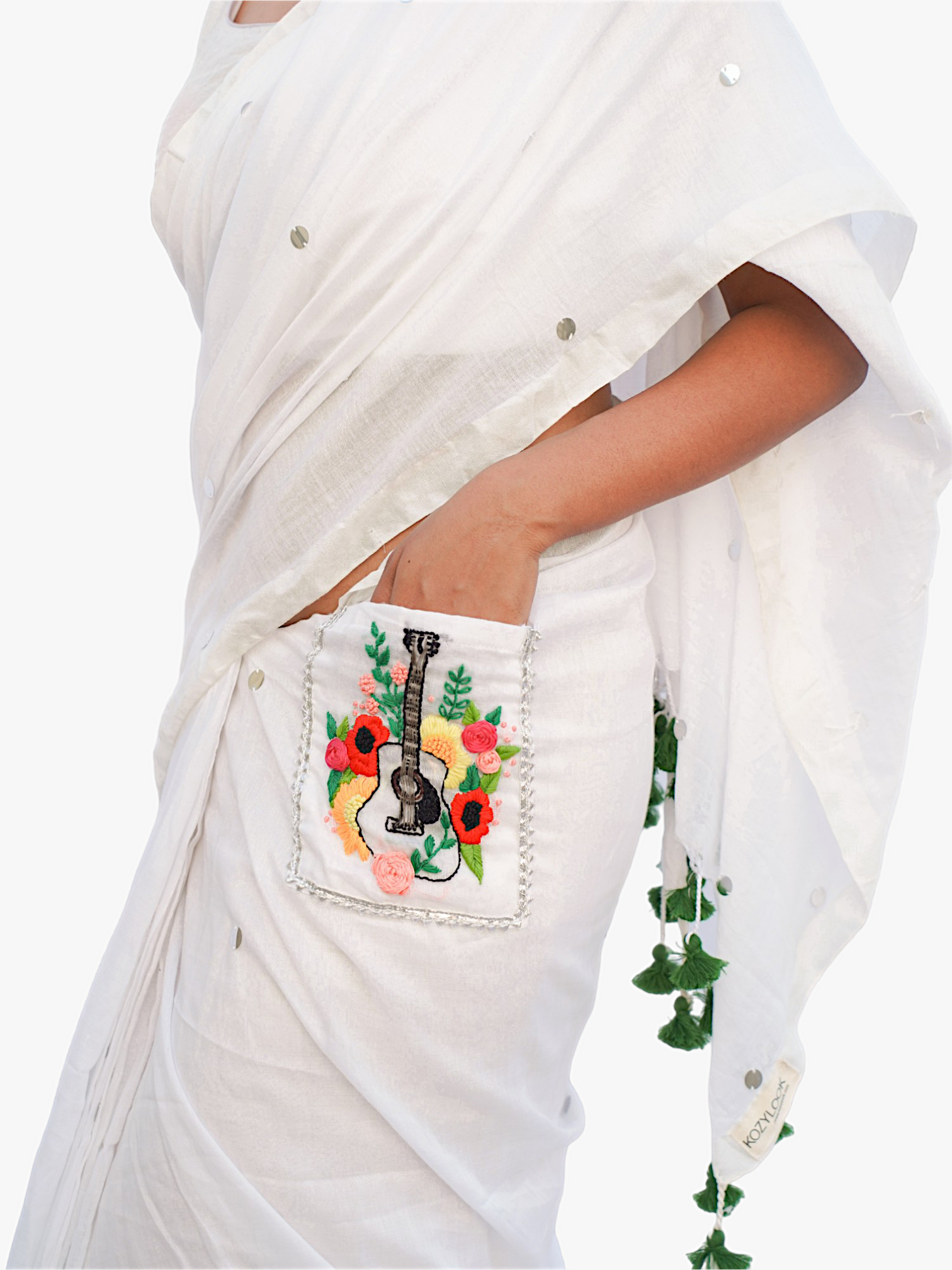 Rhythmic Bloom – Embroidery Pocket Saree - Kozylook